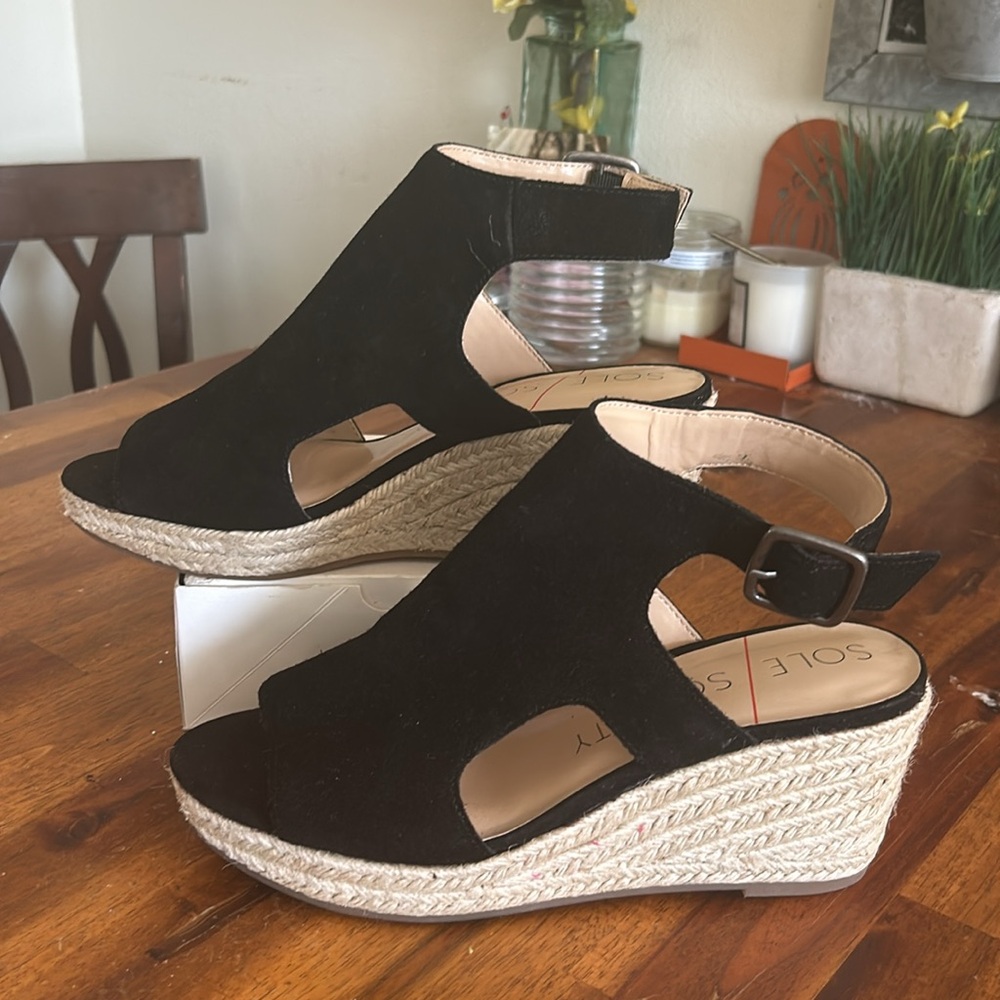 Sole Society Camreigh Black Suede Ankle Buckle Rope 3"Wedge New Espadrilles.8.5